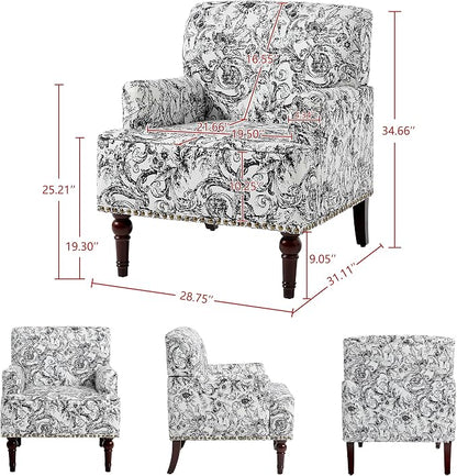 Accent Chair, Mid Century Modern Comfy Armchair for Living Room, Linen Fabric Single Sofa Lounge for Reading Bedroom Apartment Waiting Room with Wood Legs (Rococo Black, Set of 1)