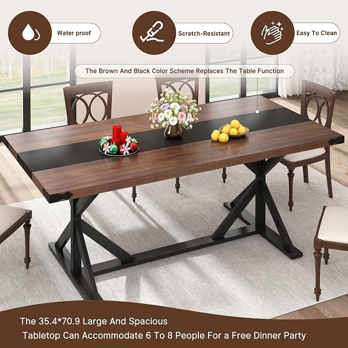 Hlivelood 71 Inch Dining Table for 6 People, Rectangular Kitchen Farmhouse Table W/Thickness Waterproof Wood Tabletop,Long Dining Room Tables W/Wood Strip Base for Kitchen Living Room(Brown&Black)