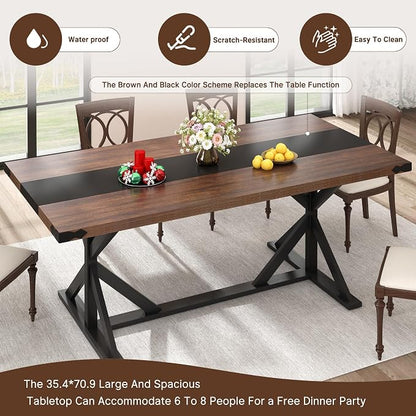 Hlivelood 71 Inch Dining Table for 6 People, Rectangular Kitchen Farmhouse Table W/Thickness Waterproof Wood Tabletop,Long Dining Room Tables W/Wood Strip Base for Kitchen Living Room(Brown&Black)