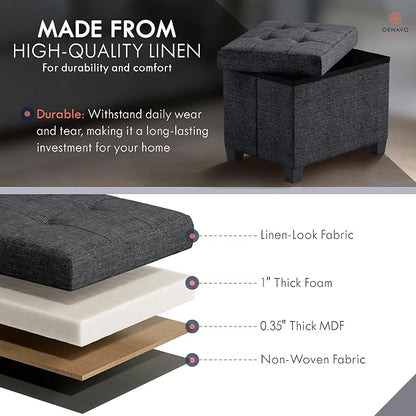 Ornavo Home Storage Ottoman Small Rectangle Ottoman with Legs, Foot Rest Stool Seat, Load up to 600 LB, for Living Room, Bedroom, Home Office, Dorm - 12 x 16 x 12, Black