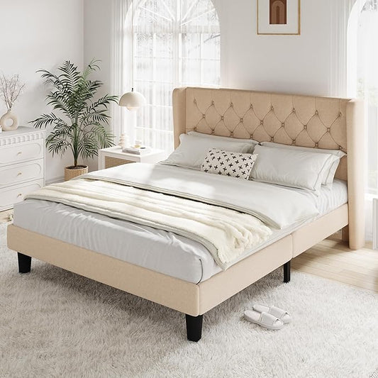 Allewie Full Size Bed Frame with Button Tufted Wingback Headboard, Modern Upholstered Bed Frame with Solid Wooden Slats Support - No Box Spring Needed, Easy Assembly, Beige