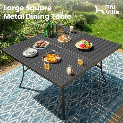 PHI VILLA 9 Pieces Outdoor Dining Set for 8, 57.5" Black Square Wrought Iron Table with Umbrella Hole & Swivel Metal Chairs with Cushions, Large Outside Furniture Set for Patio, Deck, Yard, Porch