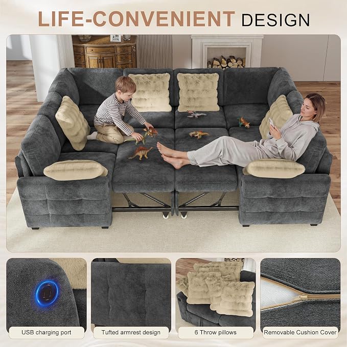 Hanherry Sectional Couch with Pull Out Sofa Bed,Chenille Sleeper Sofa with 2 Seat Storage & USB Charging,Comfy L Shaped Modular Couches for Living Room,Apartment