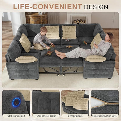 Hanherry Sectional Couch with Pull Out Sofa Bed,Chenille Sleeper Sofa with 2 Seat Storage & USB Charging,Comfy L Shaped Modular Couches for Living Room,Apartment