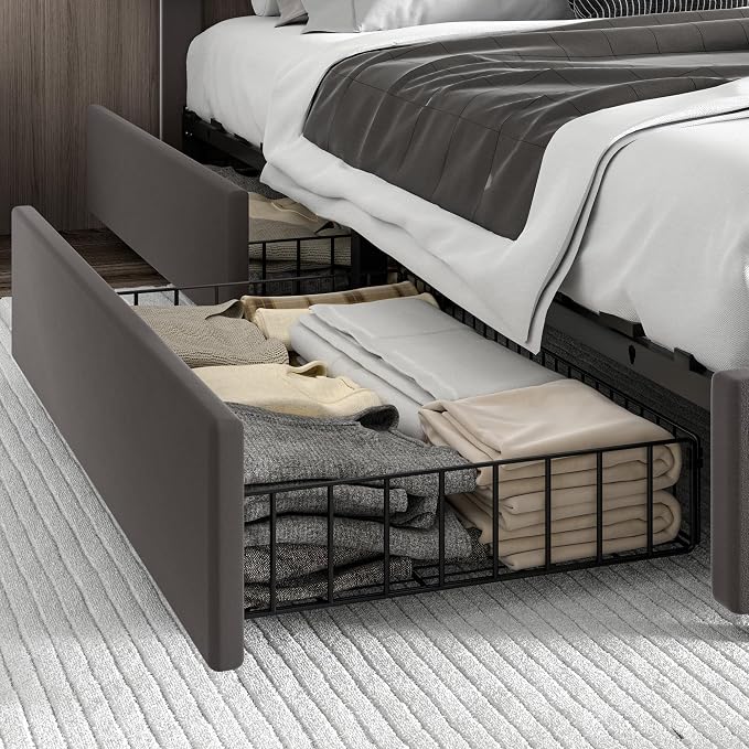 VECELO Full Upholstered Platform Bed Frame with 4 Storage Drawers,Velvet Vintage Full Bed with Nailhead Trim,Tufted Height Adjustable Headboard,Wooden Slats/No Box Spring Needed/Easy Assembly