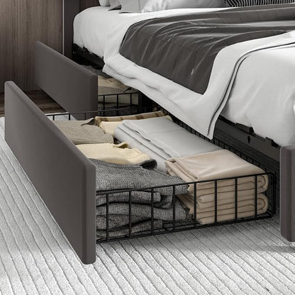 VECELO Full Upholstered Platform Bed Frame with 4 Storage Drawers,Velvet Vintage Full Bed with Nailhead Trim,Tufted Height Adjustable Headboard,Wooden Slats/No Box Spring Needed/Easy Assembly
