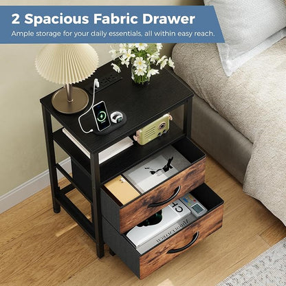 DUMOS Nightstand Set of 2 with Built in Charging Station USB Ports and Outlets Adjustable Fabric Drawer Storage Bedside Table with Open Shelf for Bedroom,Black and Brown