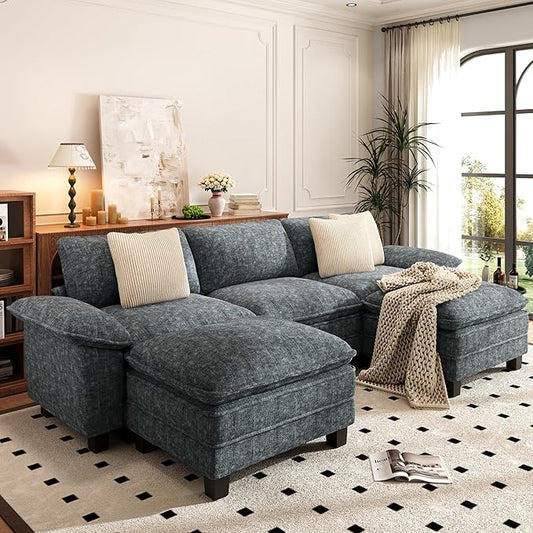 PHI VILLA Cloud Modular Couch Sets, 123.6" Oversized Sectional Sofa with U-Shaped Chaise, 5-Seater Couches with 2 Movable Ottomans for Living Room, Chenille Dark Cyan