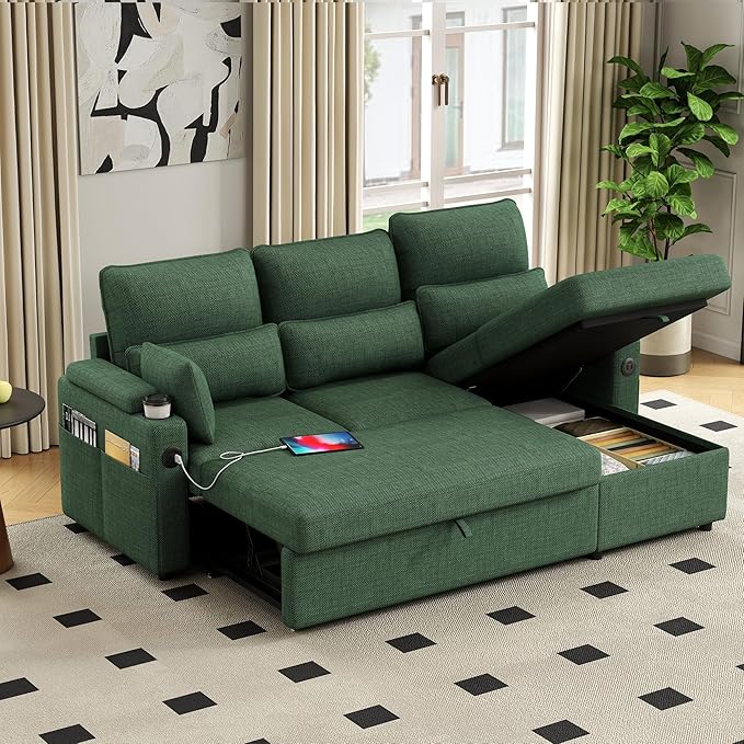 81" L-Shaped Sectional Sofa Couch, Pull-Out Sleeper Sofa Bed with Storage Chaise, Double Cup Holders, Dual USB Charging Ports, Couches for Living Room Apartment
