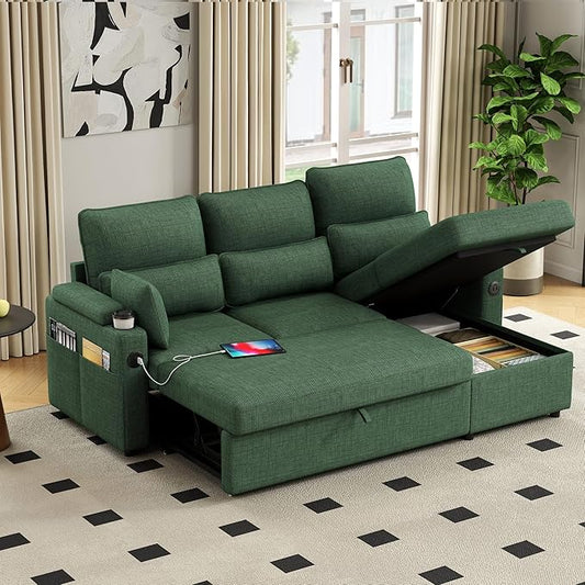 81" L-Shaped Sectional Sofa Couch, Pull-Out Sleeper Sofa Bed with Storage Chaise, Double Cup Holders, Dual USB Charging Ports, Couches for Living Room Apartment