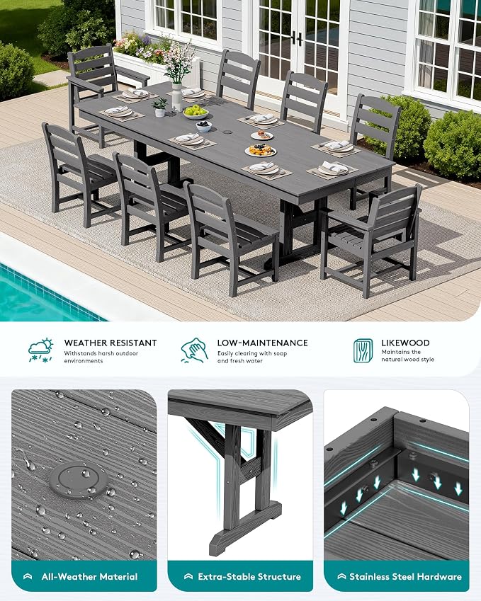 SERWALL 9 Piece 84" HDPE Outdoor Dining Set with 6 Armless Chairs, 2 Armchairs and Umbrella Hole for 8, Gray
