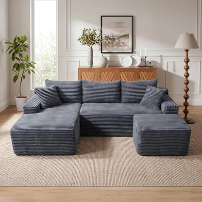 95-Inch U-Shaped Left Facing Corner Compressed Sofa Modular Sectional Boneless Cloud Sofa Floor Foam Couch W/Chaise Lounge & Ottoman, Corduroy Corner Boneless Cloud Couch