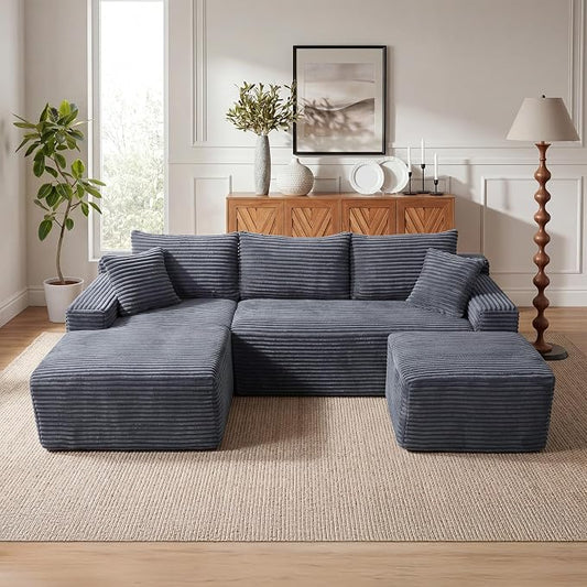95-Inch U-Shaped Left Facing Corner Compressed Sofa Modular Sectional Boneless Cloud Sofa Floor Foam Couch W/Chaise Lounge & Ottoman, Corduroy Corner Boneless Cloud Couch
