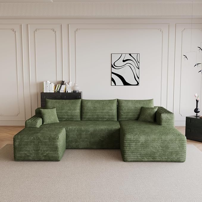 95" Cloud Boneless Sectional Sofa Couch with Chaise Lounge and Ottoman, Modern Corduroy Right Facing Modular Sectional Sofa Compressed Corner Couch with Deep Seat, No Assembly Required