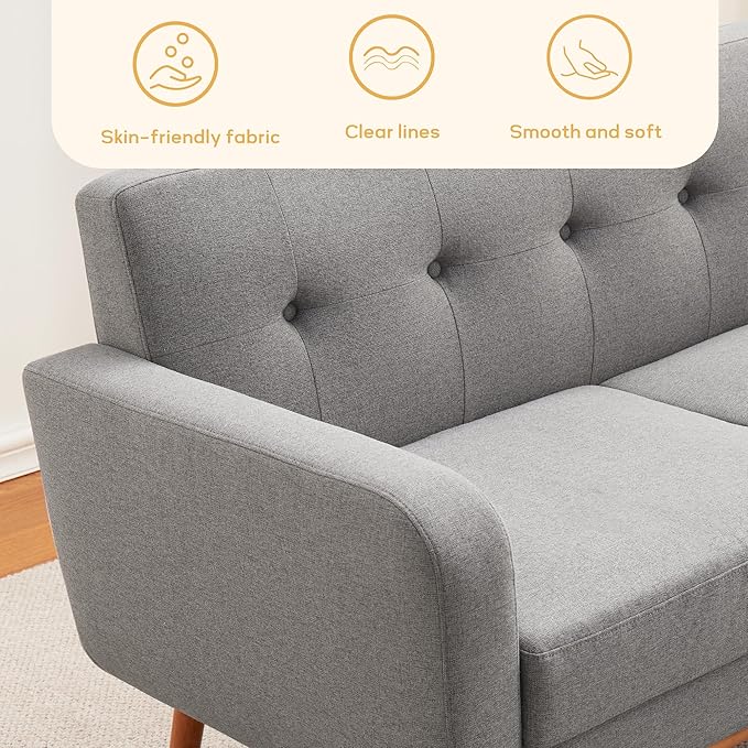 HUIMO Sofa Couch, Mid Century Modern Sofa with Solid Wood Frame, Button Tufted Couch for Bedroom, Living Room, Office, Apartment (Dark Grey, 60 inch)
