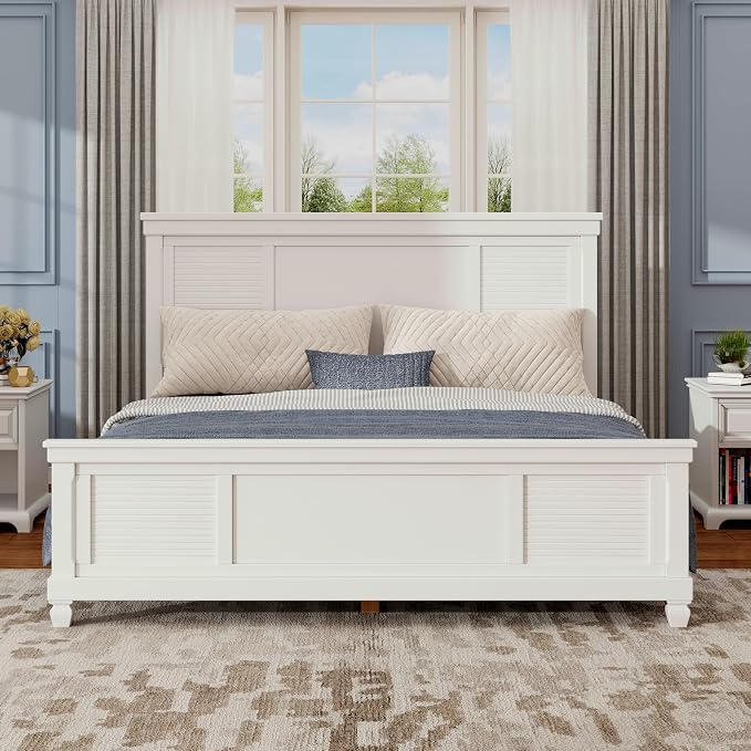 Merax Queen Size Bed Frame with Wood Headboard, Farmhouse White Platform Bed Frame with Sturdy Wooden Support Slats, No Box Spring Needed, Holds up to 800 Pounds, Noise-Free, Easy Assembly