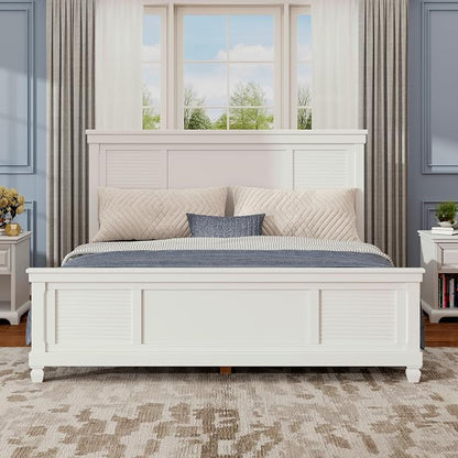 Merax Queen Size Bed Frame with Wood Headboard, Farmhouse White Platform Bed Frame with Sturdy Wooden Support Slats, No Box Spring Needed, Holds up to 800 Pounds, Noise-Free, Easy Assembly