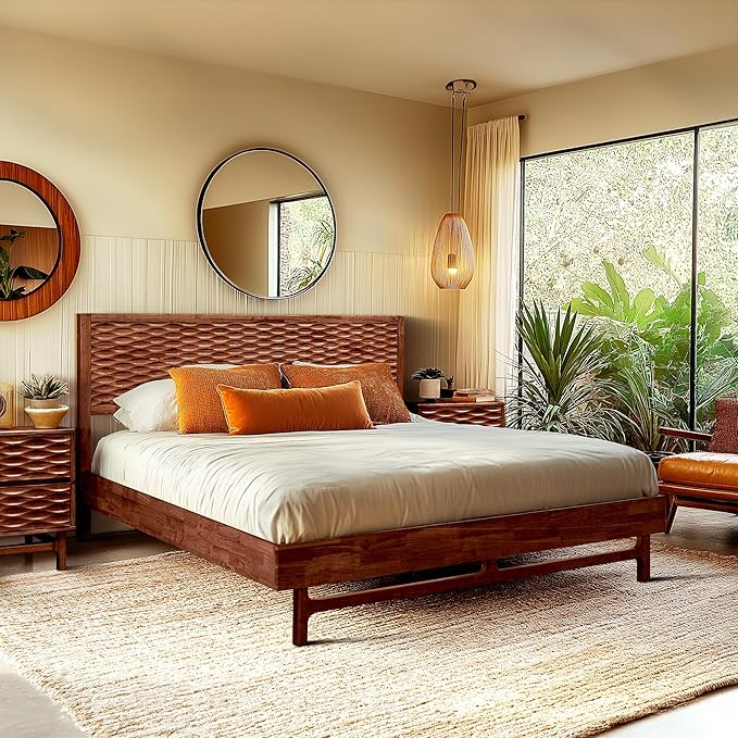 Acacia Elara Queen Platform Bed Frame – Solid Wood Mid-Century Modern Bed with Headboard, Spearhead Grain, Walnut Finish, 800lbs Support, No Box Spring, Easy Assembly with Tools