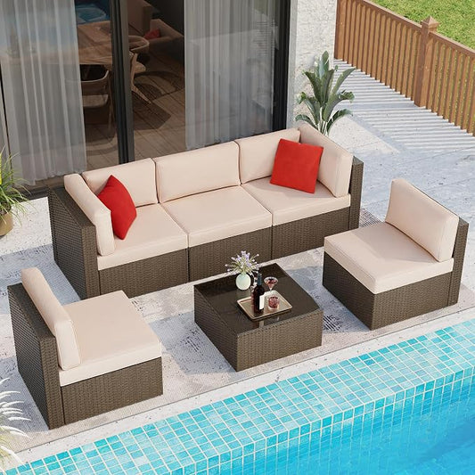 6 Pieces Patio Furniture Set Outdoor Couch Wicker Sectional Sofa, Beige
