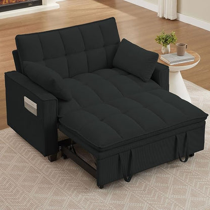 3 in 1 Convertible Sleeper Sofa Bed, 48" Pull Out Couches, Modern Loveseat Sleeper Sofa with Adjustable Reclining Backrest & Side Pockets for Living Room, Black