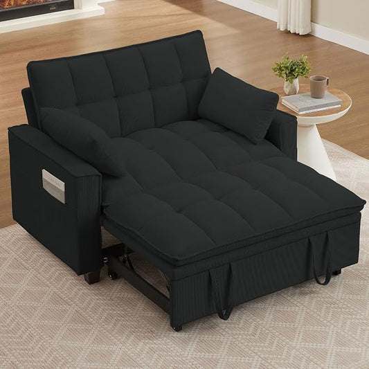 3 in 1 Convertible Sleeper Sofa Bed, 48" Pull Out Couches, Modern Loveseat Sleeper Sofa with Adjustable Reclining Backrest & Side Pockets for Living Room, Black