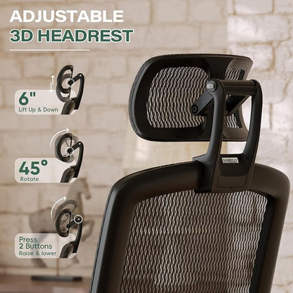 GABRYLLY Ergonomic Office Chair with Footrest, High Back Home Desk Chair - 3D Headrest, Flip-Up Arms, 135° Tilt and Wide Cushion, Heavy Duty Mesh Chairs for Task Computer Gaming, GYB01-FT