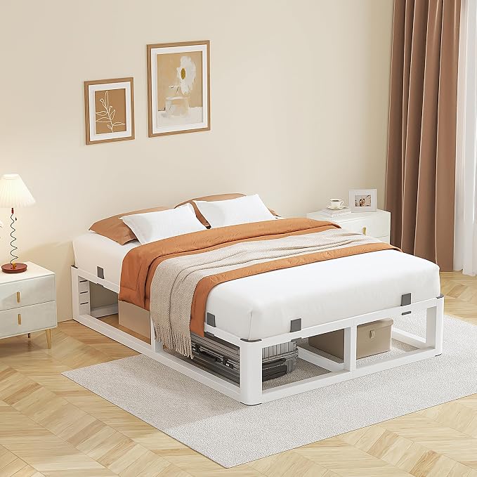 14 Inch King Size Bed Frame with Rounded Corner and Headboard Hole, Metal Platform Bed Frames 6 Non-Slip Guards, 3500lbs Heavy Duty Steel Slat Support, Squeak Free, No Box Spring Needed, White