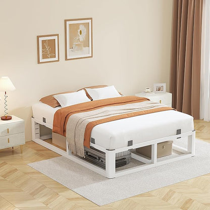 14 Inch King Size Bed Frame with Rounded Corner and Headboard Hole, Metal Platform Bed Frames 6 Non-Slip Guards, 3500lbs Heavy Duty Steel Slat Support, Squeak Free, No Box Spring Needed, White