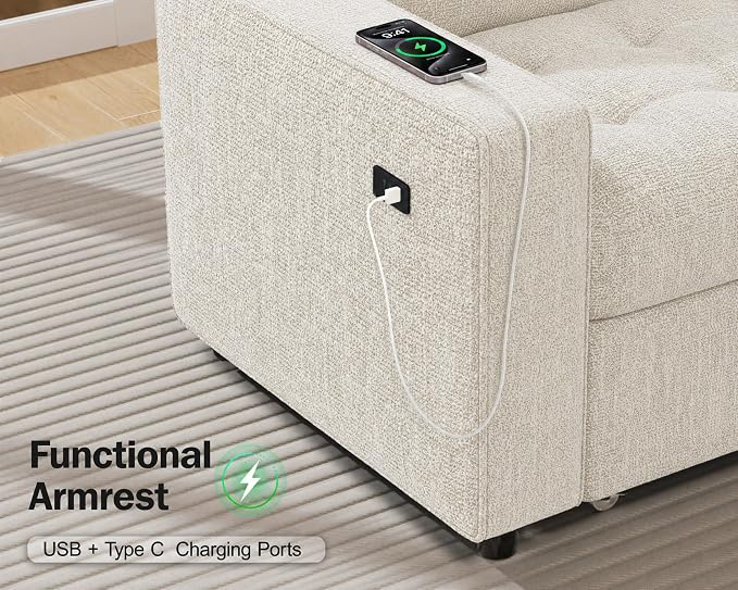 Vipbear 5 Seat L Shaped Modular Sectional Sleeper Sofa Bed with Pull Out Bed/Reclining Backrest/USB Ports/Storage Seat, Sectional Sleeper Couch, Tool-Free Assembly, Chenille Beige
