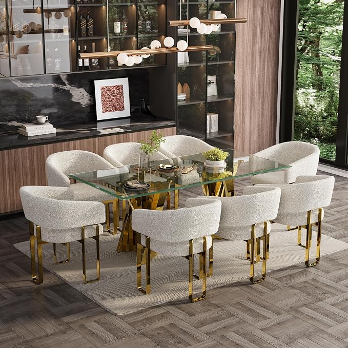 Boucle Dining Chairs, Off White Barrel Arm Chairs with U-Shaped Mirrored Gold Legs, Modern Side Chairs for Dining Table, Kitchen and Dining Room Restaurant Recepition,Set of 11