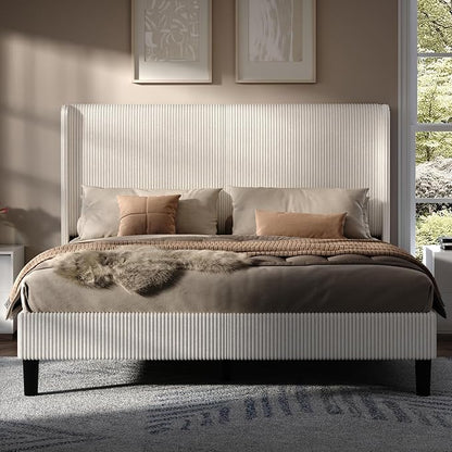 AMERLIFE King Bed Frame, Upholstered Platform Bed with Corduroy Headboard, Easy Assembly Modern White Bed Frame with Wooden Slats Support, No Box Spring Needed