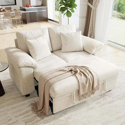 WorthFurni 61” Pull Out Couch, 2 in 1 Sleeper Sofa Bed with Throw Pillow, Convertible Small Loveseat Sleeper Couch for Living Room, Bedroom, Apartment (Beige)