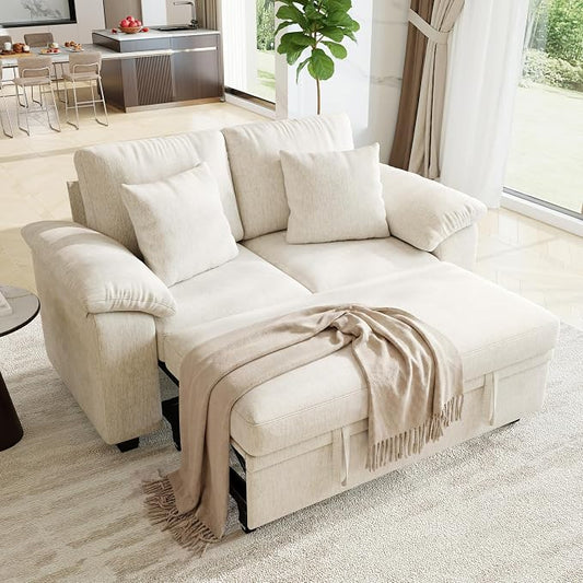 WorthFurni 61” Pull Out Couch, 2 in 1 Sleeper Sofa Bed with Throw Pillow, Convertible Small Loveseat Sleeper Couch for Living Room, Bedroom, Apartment (Beige)