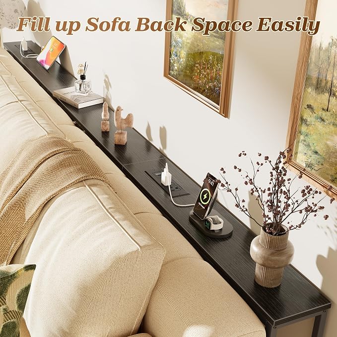 SUPERJARE 94.5 Inch Sofa Table with 2 Power Outlets and USB-C Ports, 5.9 Inch Narrow Console Table with Storage, Extra-Long, for Entryway Hallway Couch Behind Sofa, Small Spaces, Black