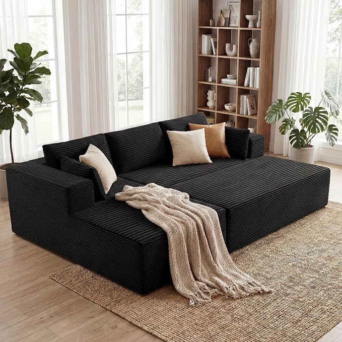 GRUSIGN 106" Oversized Sectional Boneless Sleeper Sofa Bed Couches for Living Room, Modular L Shaped Couch with Left Facing Chaise & Big Ottoman, Compressed Spineless Corduroy Cloud Sofas, Black