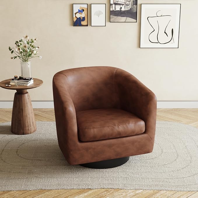 360° Swivel Barrel Accent Chair Armchair, PU Leather Round Club Arm Chair for Lving Room, Modern Upholstered Small Bedroom Single Sofa Seat - Coffee Brown, Set of 1