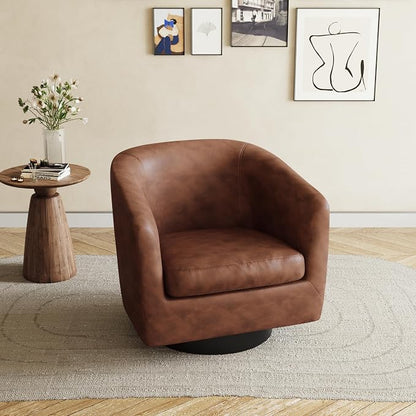 360° Swivel Barrel Accent Chair Armchair, PU Leather Round Club Arm Chair for Lving Room, Modern Upholstered Small Bedroom Single Sofa Seat - Coffee Brown, Set of 1