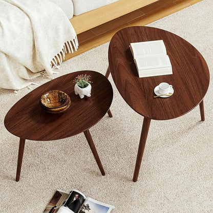 Small Oval Coffee Table, 25.6'' Small Mid Century Modern End Table for Living Room, 100% Solid Oak Wood Side Table, Minimalist Display Center Table(Walnut Color, 25.59''Wx17.51''Dx19.68''H)