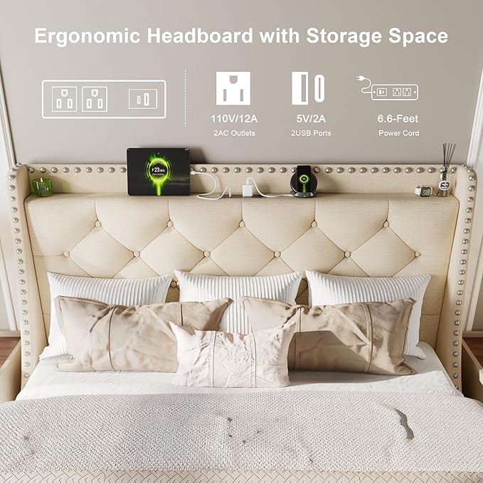 Feonase Full Size Bed Frame with Luxury Wingback and Fast Charging Station,Full Upholstered Button Tufted Storage Headboard Platform Bed, Sturdy Wooden Slats Support, Noise-Free, Easy Assembly, Beige