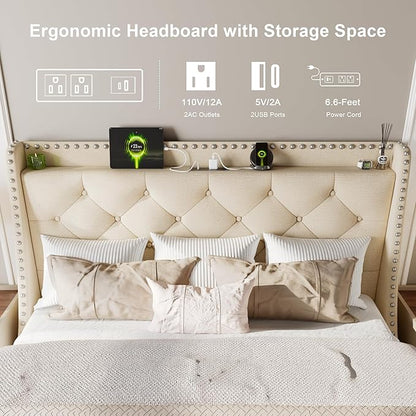 Feonase Full Size Bed Frame with Luxury Wingback and Fast Charging Station,Full Upholstered Button Tufted Storage Headboard Platform Bed, Sturdy Wooden Slats Support, Noise-Free, Easy Assembly, Beige
