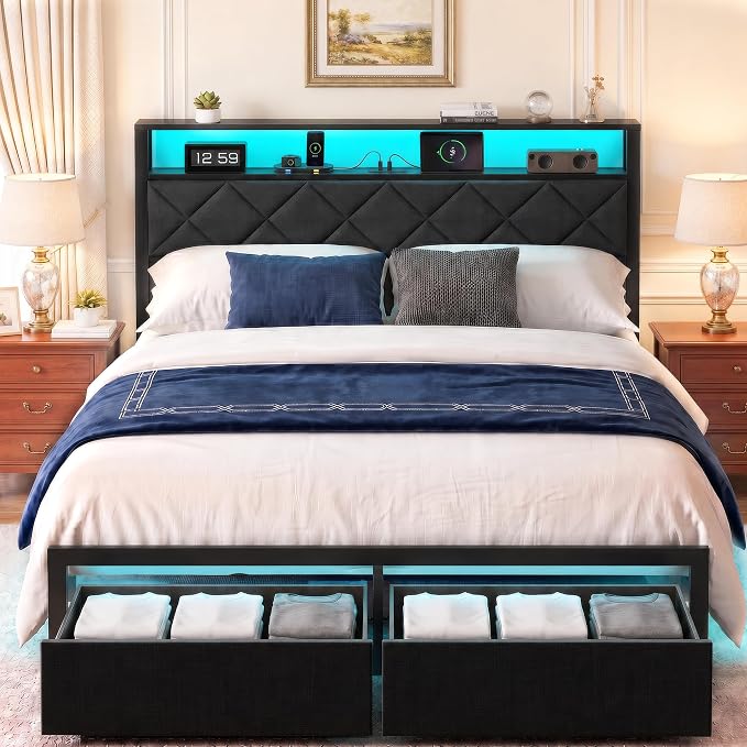 Queen Bed Frame with LED Lights, Charging Station & 2 Storage Drawers, Metal Platform with Upholstered Headboard, No Box Spring Needed, Easy Assembly