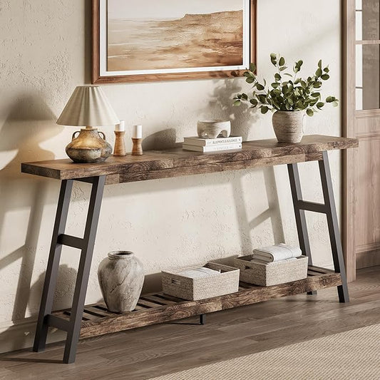 ChooChoo 70.9 Inch Long Console Tables for Entryway, Wood 2-Tier Entry Hallway Table, Narrow Sofa Table Behind Couch Table for Living Room, Entrance, Grey