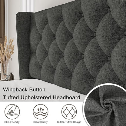Einhomn Full Size Platform Bed Frame with Fabric Upholstered Wingback Headboard, 8" Under Bed Space, Wooden & Metal Slats Support, No Box Spring Needed, Dark Gray
