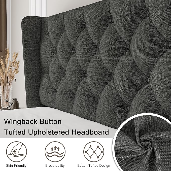 Einhomn King Size Platform Bed Frame with Upholstered Wingback Headboard, 12" Under Bed Space, Wooden & Metal Slats Support, No Box Spring Needed, Black