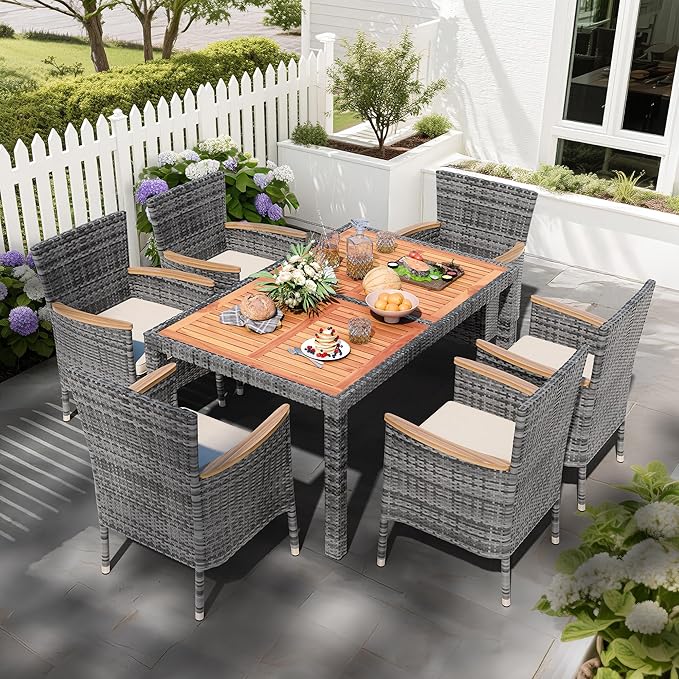 Shintenchi 7 PCS Patio Dining Set, Wicker Patio Conversation Set with Wooden Table Top, Outdoor Table and Chairs with Soft Cushions for Backyard, Deck and Garden, Grey Rattan