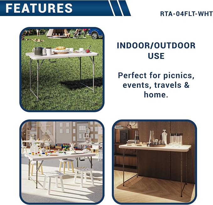Height Adjustable 4 FT Granite White Folding Table – Premium 4 Foot Folding Table Ideal for Camping, Picnic, Party or as Kids Table | Adjustable height, indoor/outdoor use, camping, picnic, parties, kids table, folding legs, durable resin top, carry ha...