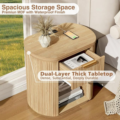 Fluted Nightstand with Charging Station, 23.6" Large Bedside Side Table with Drawer, Wood End Table with Storage, Curved Round Corner, Furniture Bedroom Sofa, Mid Century Modern, Farmhouse Boho,Oak