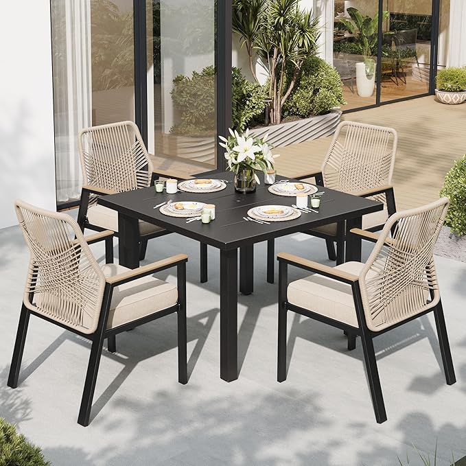 Patio Dining Set 5 Piece, 4 x Woven Rattan Chairs with Waterproof Cushion, 34.2" Square Metal Dining Table with Umbrella Hole, Outdoor Table and Chairs Set for Backyard Lawn and Deck, Beige