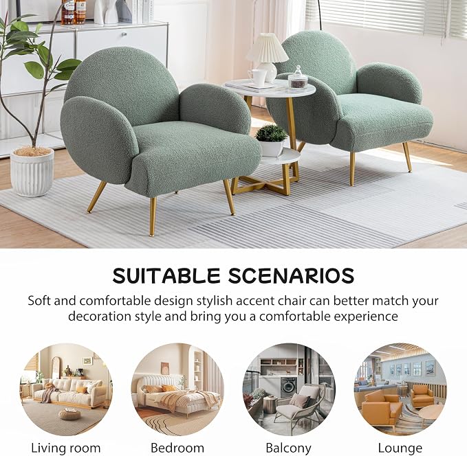 Accent Chair Green with Golden Metal Legs,Reading Chair for Bedroom Comfy, Boucle Sherpa Chair for Living Room, Bedroom
