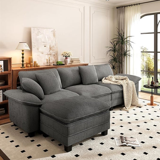 PHI VILLA Cloud Modular Couch Sets, 123.6" Sectional Sofa with L-Shaped Chaise, 4-Seater Upholstered Couches with MCorduroyovable Ottoman for Living Room, Corduroy Fabric, Grey